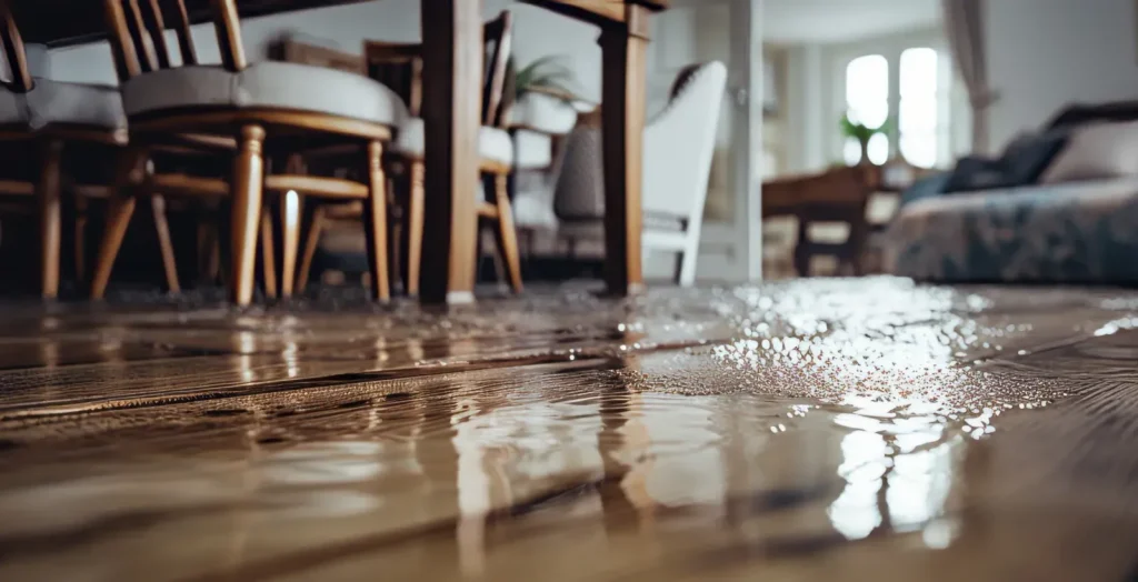 water damage with pooled water on indoor floor surface