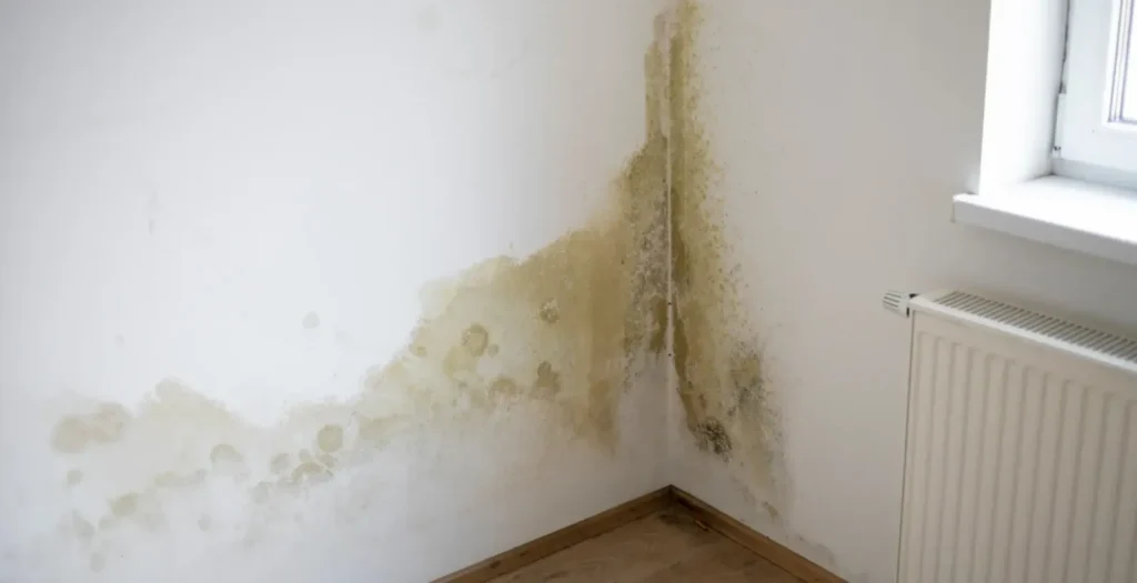 visible mold and water damage on wall from moisture intrusion