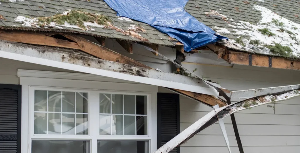 roof damage from storm with broken shingles and exposed structure